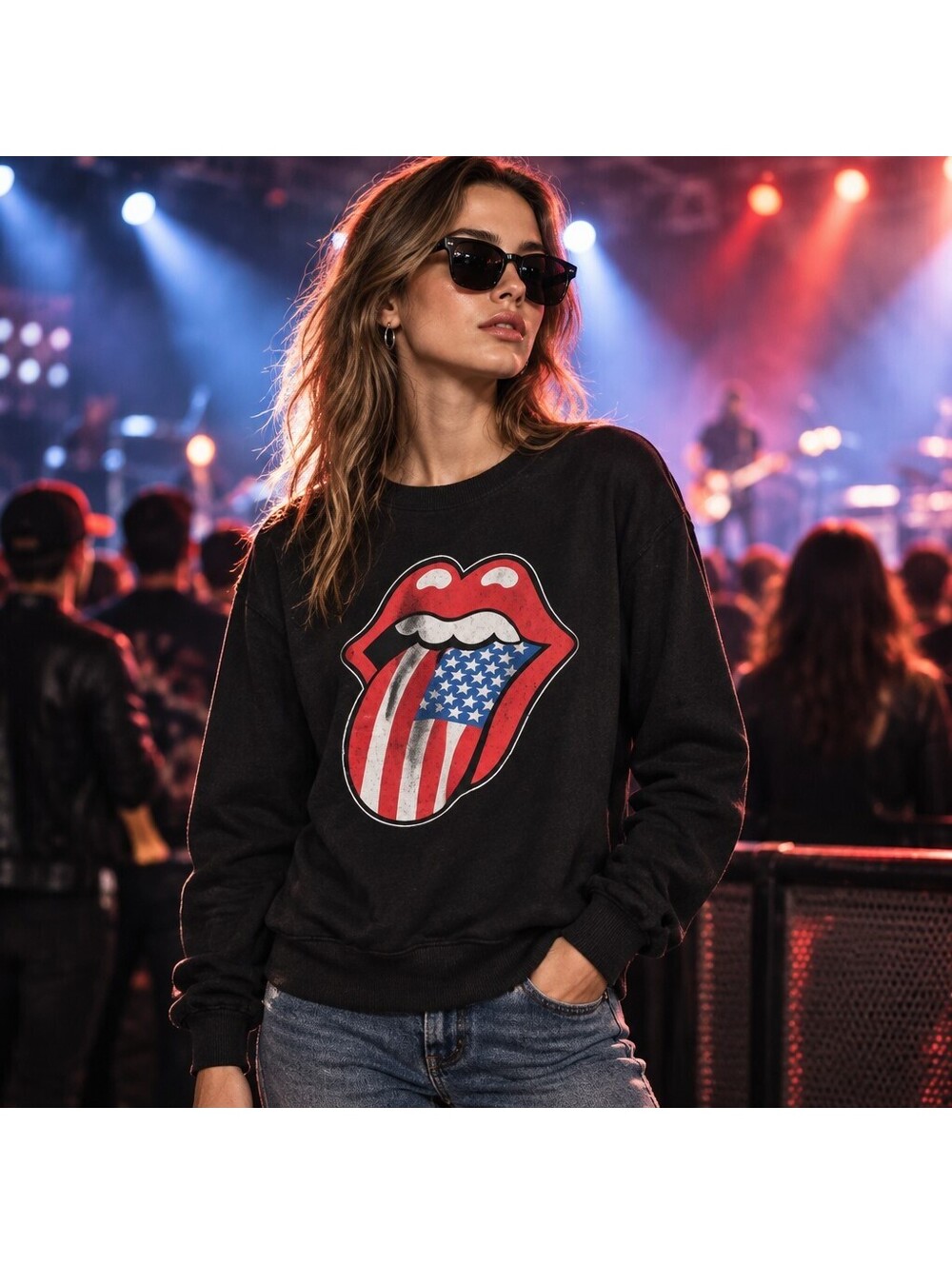 Hanes Rolling Stones Sweatshirt Retro Small Black American Flag Tongue 5117